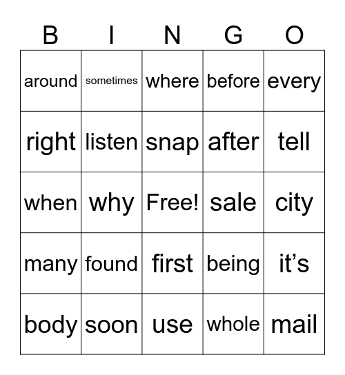 Second Grade Sight Words Bingo Card