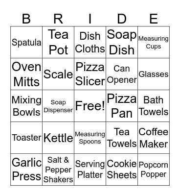 Kelly's Bridal Shower Bingo Card