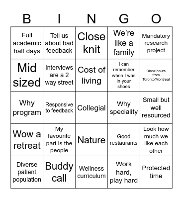 CARMS Interview Tour Bingo Card