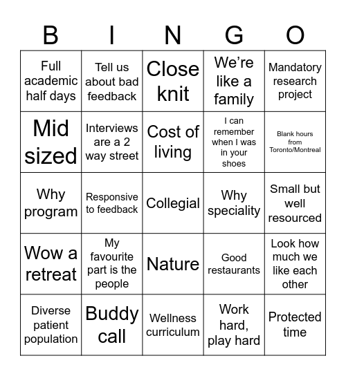 CARMS Interview Tour Bingo Card