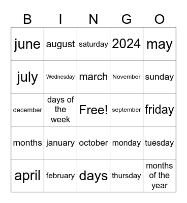 Days and Months Bingo Card