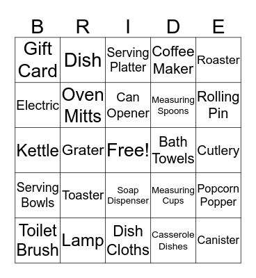 Kelly's Bridal Shower Bingo Card