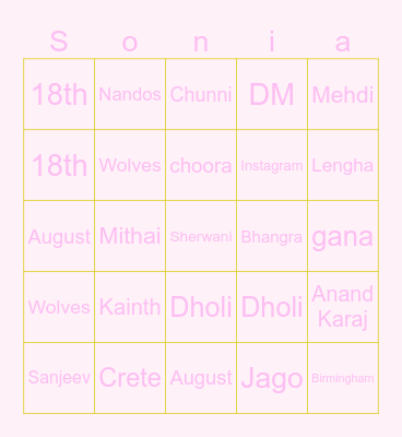 Sonia's Bridal Shower Bingo Card