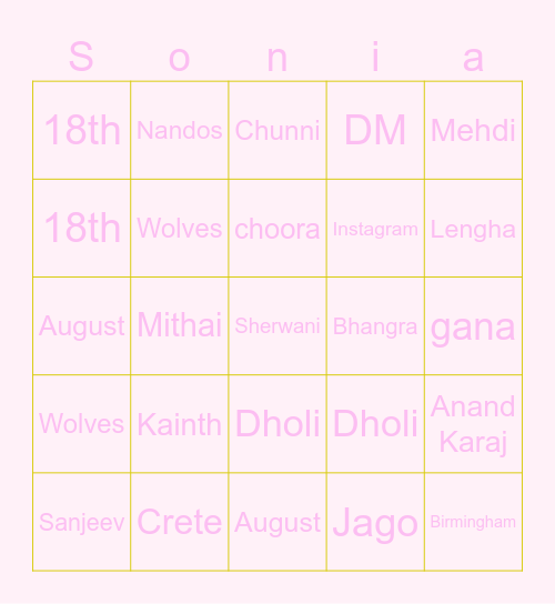 Sonia's Bridal Shower Bingo Card