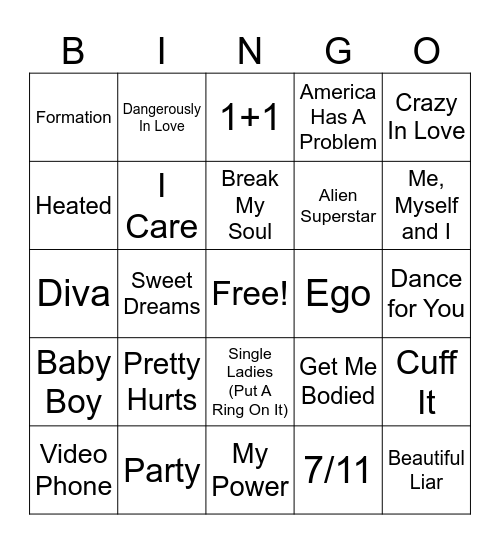 Beyoncé Bingo Card
