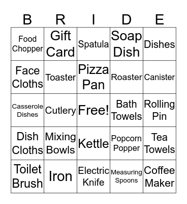 Kelly's Bridal Shower Bingo Card