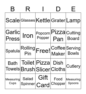 Kelly's Bridal Shower Bingo Card