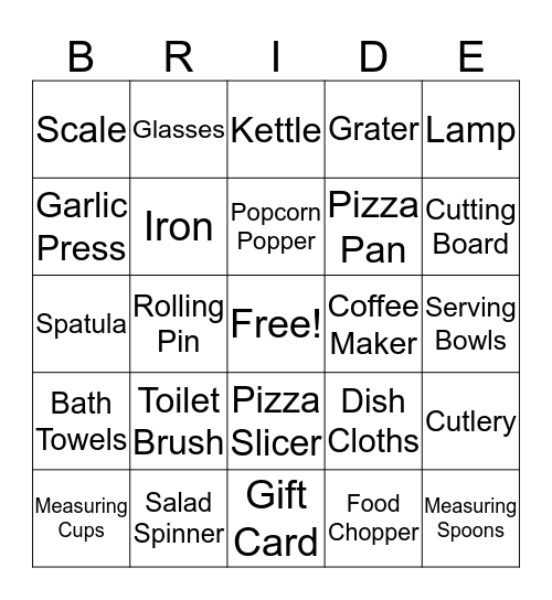 Kelly's Bridal Shower Bingo Card