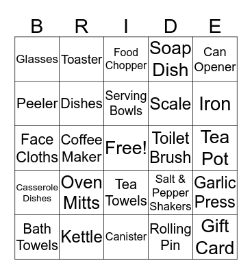 Kelly's Bridal Shower Bingo Card