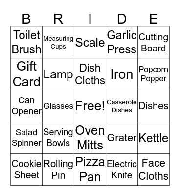 Kelly's Bridal Shower Bingo Card