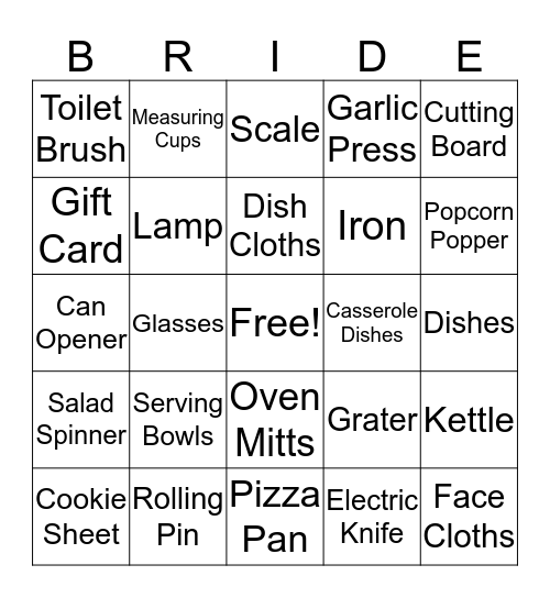 Kelly's Bridal Shower Bingo Card