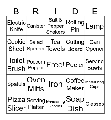Kelly's Bridal Shower Bingo Card