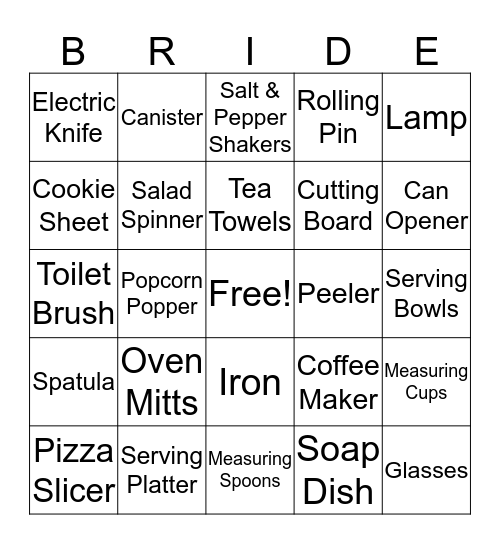 Kelly's Bridal Shower Bingo Card