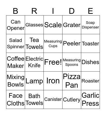 Kelly's Bridal Shower Bingo Card