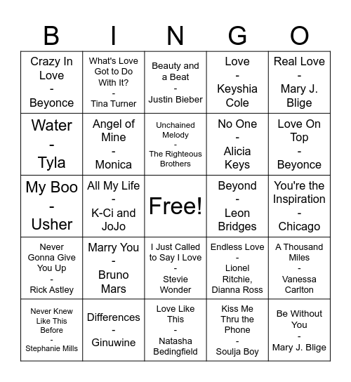 All Love Mix Bingo Card
