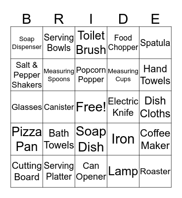 Kelly's Bridal Shower Bingo Card