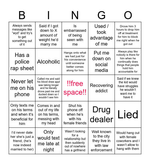 Rebecca’s edition: the toxic guys I have been involved with!! Bingo Card