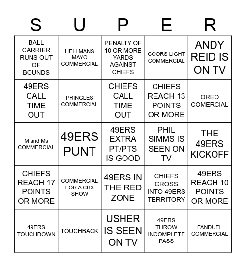 SUPER BOWL BINGO Card