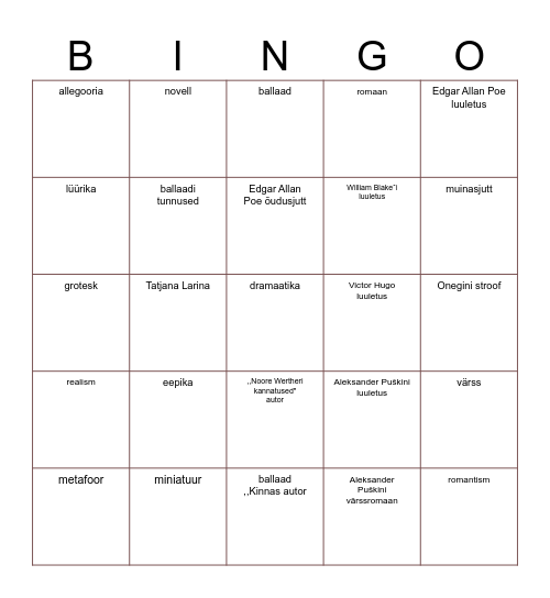 G11 I kirjanduskursust  kokkuvõttev Bingo Card