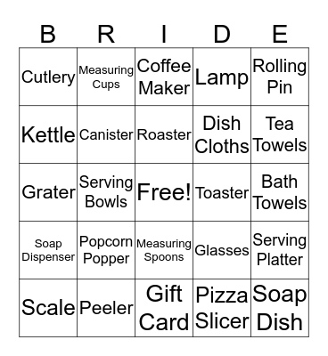 Kelly's Bridal Shower Bingo Card