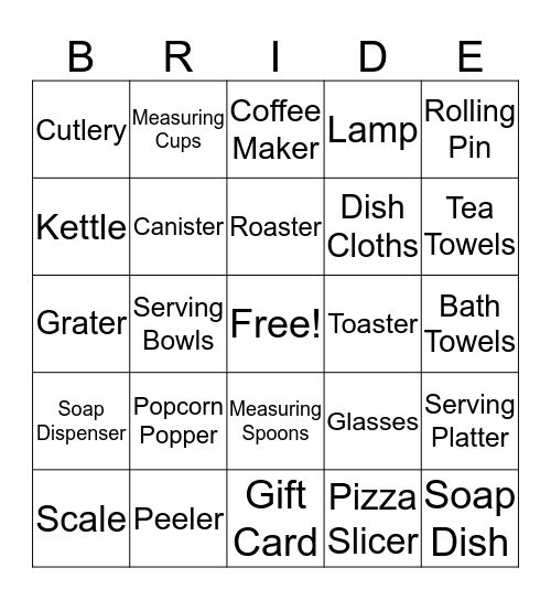 Kelly's Bridal Shower Bingo Card