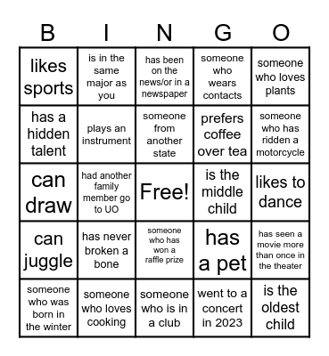 Get to Know You Bingo Card