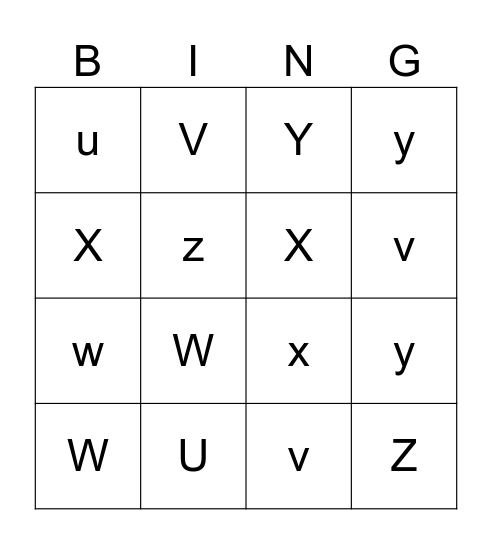 u-z Bingo Card
