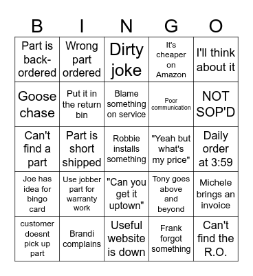 PARTS DEPARTMENT BINGO Card