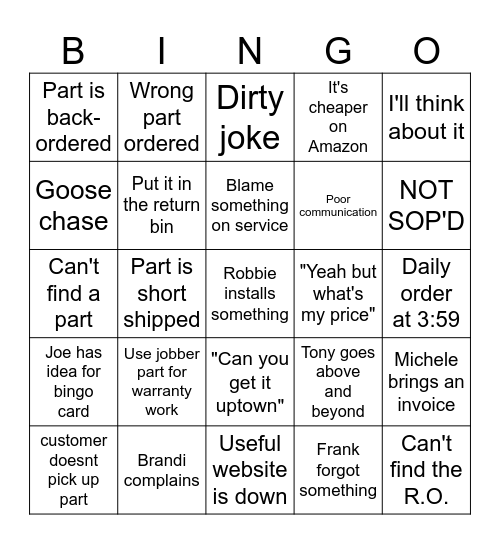 PARTS DEPARTMENT BINGO Card