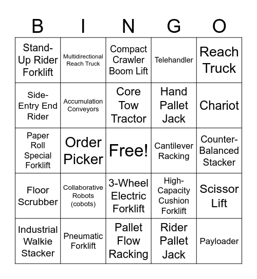 Conger Equipment Bingo Card