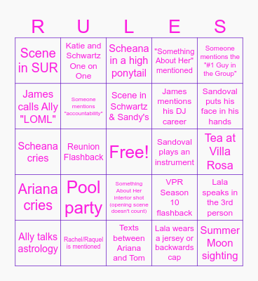 Vanderpump Premiere Bingo Card