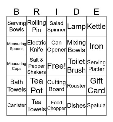 Kelly's Bridal Shower Bingo Card