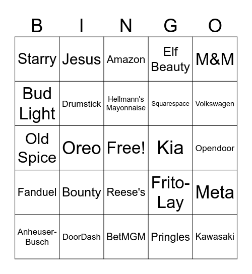 SB LVIII Commercial Bingo Card