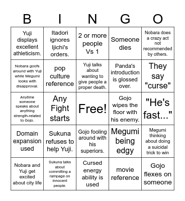 Jujutsu Kaisen Bingo Card