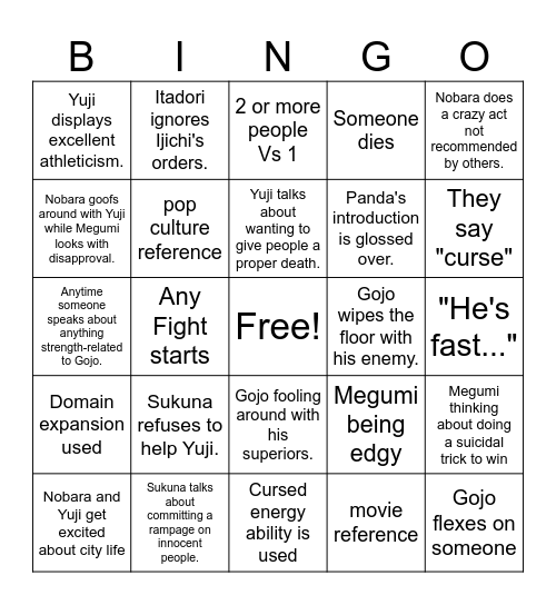 Jujutsu Kaisen Bingo Card