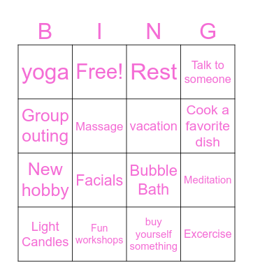 Self Care Bingo Card