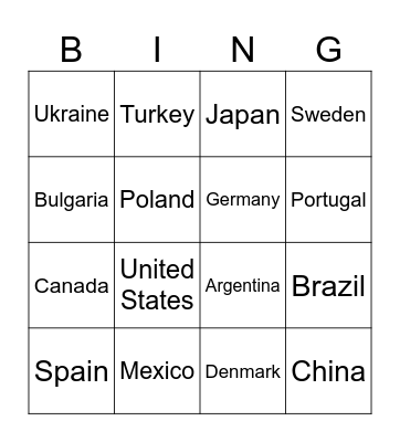 Countries Bingo Card