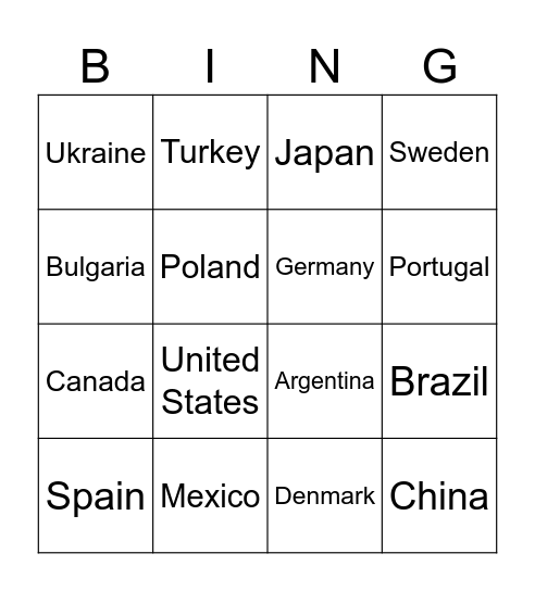 Countries Bingo Card