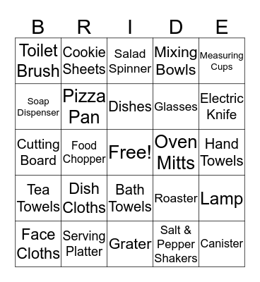 Kelly's Bridal Shower Bingo Card