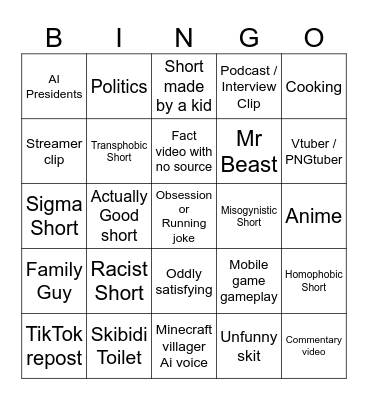 Youtube Shorts Bingo Card