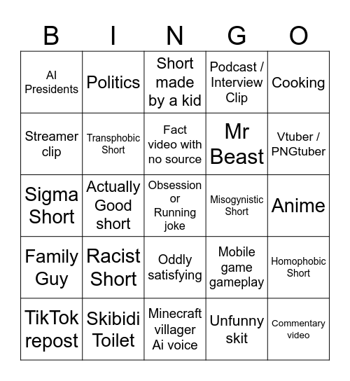 Youtube Shorts Bingo Card