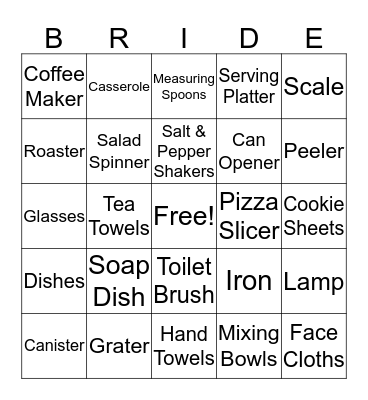 Kelly's Bridal Shower Bingo Card