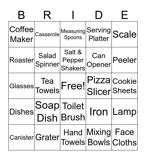 Kelly's Bridal Shower Bingo Card