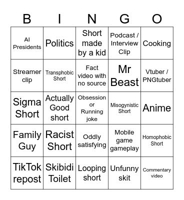 Youtube Shorts Bingo Card