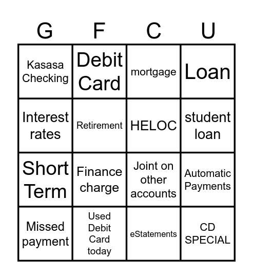 Gather Federal Credit Union Bingo Card