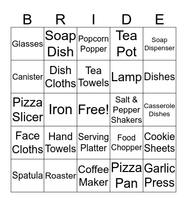 Kelly's Bridal Shower Bingo Card