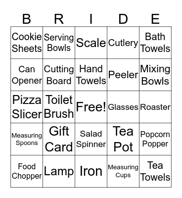 Kelly's Bridal Shower Bingo Card