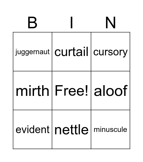 Vocabulary Jan 29-Feb 4 Bingo Card