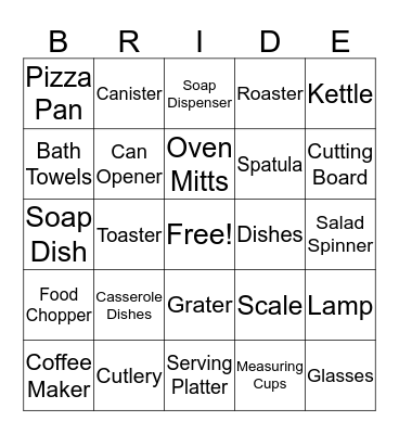 Kelly's Bridal Shower Bingo Card