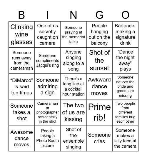 Wedding Video Bingo! Bingo Card